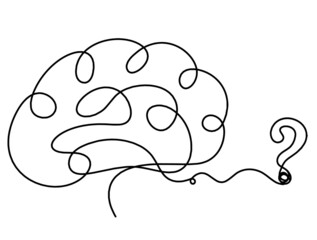 Man silhouette brain with question mark as line drawing on white background. Vector