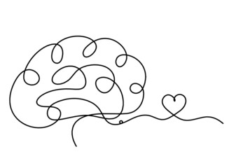 Man silhouette brain with heart as line drawing on white background. Vector