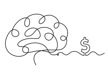 Man silhouette brain with dollar as line drawing on white background. Vector