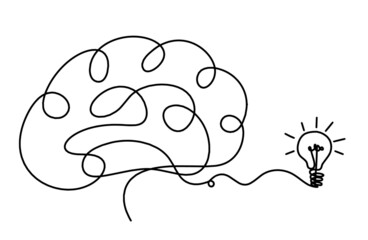 Man silhouette brain with light bulb as line drawing on white background