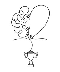 Man silhouette brain with trophy as line drawing on white background