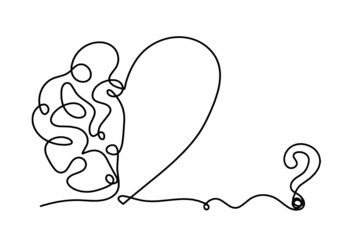 Man silhouette brain with question mark as line drawing on white background. Vector