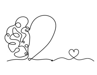 Man silhouette brain with heart as line drawing on white background. Vector