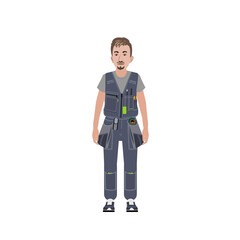 Repairman. A cartoon man in a work uniform with tools. Vector image of a person for animation. All details are on separate layers with names.