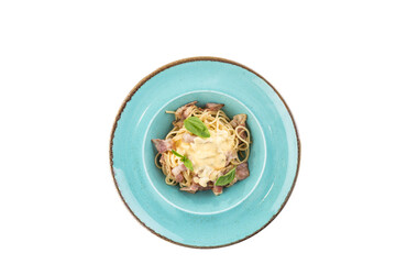 Spaghetti Carbonara pasta with cream sauce and ham Italian cuisine isolated on white background