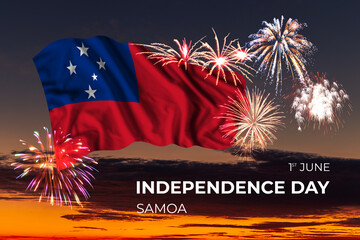 Sky with majestic fireworks and flag of Samoa