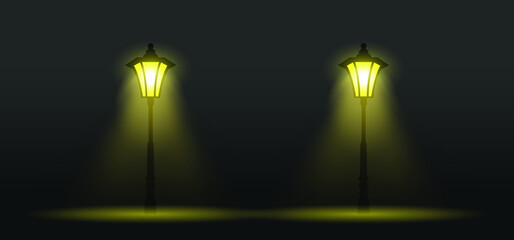 Fototapeta na wymiar Cartoon old and classic street lamp or City street lantern. Yellow street light. Evening, dark silhouette lamppost lights