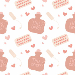 Seamless pattern with menstrual objects. Background, backdrop, texture with hygiene and healthcare elements tampons, sanitary napkins, menstrual cup. Printable for greeting cards, wrapping paper,