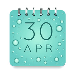 Fototapeta na wymiar 30 day of month. April. Calendar daily icon. Date day week Sunday, Monday, Tuesday, Wednesday, Thursday, Friday, Saturday. Dark Blue text. Cut paper. Water drop dew raindrops. Vector illustration.
