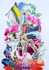 Vertical with a collage of clippings girl with a slanting camera in the hands of a butterfly peony flowers on a white background. - 488812700
