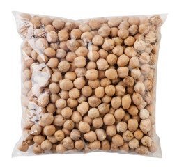 Chickpeas in a transparent package cut on a white background. Isolated