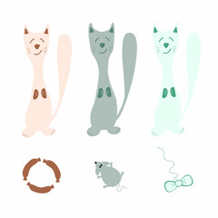 Set of colorful cats and their toys