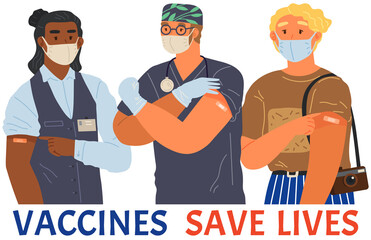 Stop coronavirus agitation concept. Vaccination promo, immunization of workers. Vaccine saves lives. People wearing protective mask showing their arm with bandage after receiving covid-19 vaccine