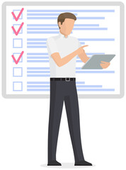 Month scheduling, to do list, time management. Businessman stands near checklist and planning. Plan fulfilled, task completed, timetable on paper sheet. Check list plan, schedule creation concept