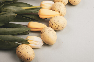 Hand painted pastel colored Easter eggs background. Happy Easter greeting card or invitation.