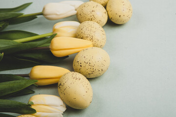 Hand painted pastel colored Easter eggs background. Happy Easter greeting card or invitation.