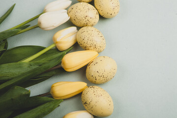 Hand painted pastel colored Easter eggs background. Happy Easter greeting card or invitation.