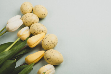 Hand painted pastel colored Easter eggs background. Happy Easter greeting card or invitation.