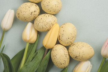 Hand painted pastel colored Easter eggs background. Happy Easter greeting card or invitation.