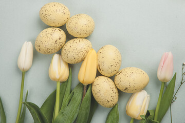 Hand painted pastel colored Easter eggs background. Happy Easter greeting card or invitation.