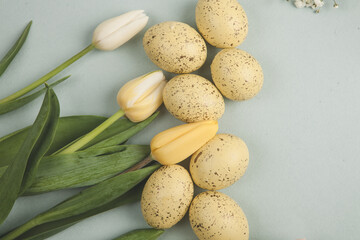 Hand painted pastel colored Easter eggs background. Happy Easter greeting card or invitation.