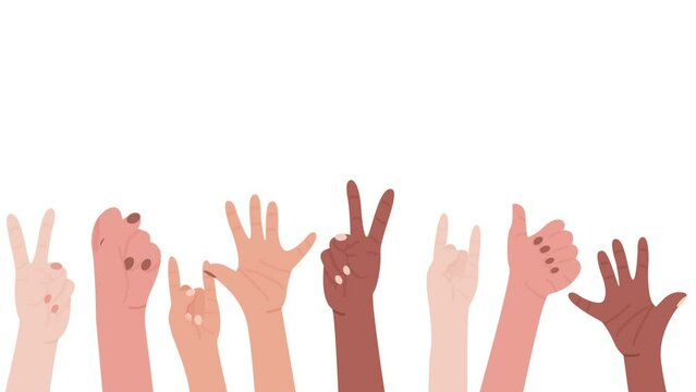 Multiracial hands raising up. Concept of togetherness, activism and importance of civil rights. Vector animation