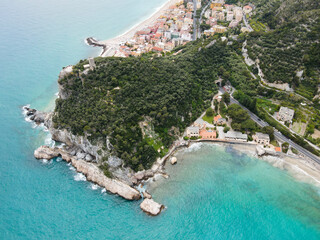 Aerial view of Varigotti in Liguria, Italy, small town on the ligurian coast. Drone photography of Varigotti, one of coolest ligurian village in north Italy, near Noli and Finale Ligure.