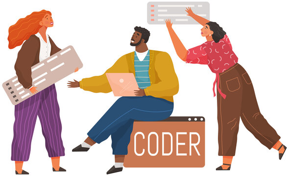 Programmer engineering and coding. Coder programmers working on web development on computer. Concept of script coding and programming in php, javascript, python, other languages. Software developers