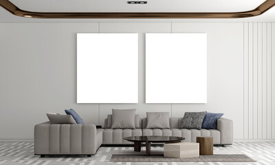 Modern cozy interior design of living room and empty canvas frame on white wall texture background
