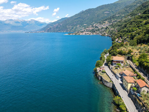 Aerial view of Bellano, panoramic view from the drone to the famous old Italy town of Como lake. Near Varenna and Lierna, Bellano is a small town in Como, near Lecco, in Lombardia.
