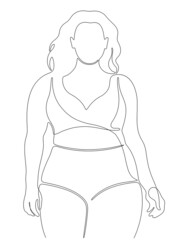 Continuous line portrait of beautiful oversize woman in gym suit. Body positive. Fitness woman.