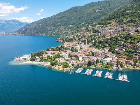 Aerial view of Bellano, panoramic view from the drone to the famous old Italy town of Como lake. Near Varenna and Lierna, Bellano is a small town in Como, near Lecco, in Lombardia.