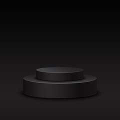 Realistic black studio, dark round podium, vector illustration.
