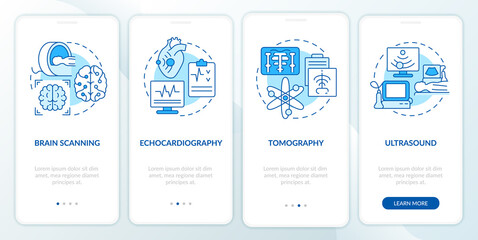 Fototapeta premium Diagnostic imaging blue onboarding mobile app screen. Medical research walkthrough 4 steps graphic instructions pages with linear concepts. UI, UX, GUI template. Myriad Pro-Bold, Regular fonts used