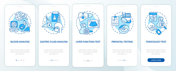 Fototapeta na wymiar Diagnostic services blue onboarding mobile app screen. Healthcare provide walkthrough 5 steps graphic instructions pages with linear concepts. UI, UX, GUI template. Myriad Pro-Bold, Regular fonts used