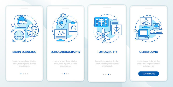 Diagnostic imaging blue onboarding mobile app screen. Medical research walkthrough 4 steps graphic instructions pages with linear concepts. UI, UX, GUI template. Myriad Pro-Bold, Regular fonts used