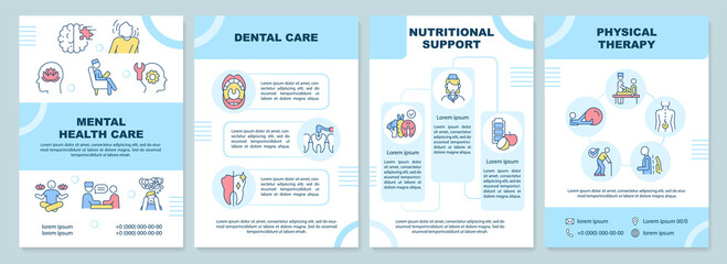 Medical services blue brochure template. Patients care. Leaflet design with linear icons. 4 vector layouts for presentation, annual reports. Arial-Black, Myriad Pro-Regular fonts used