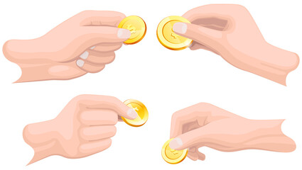 Human hand with coin isolated. Realistic 3d coin. Money donation, charity, investment. Profit, income, salary increase. Hand holding gold dollar penny. Person pay with gold cent between fingers