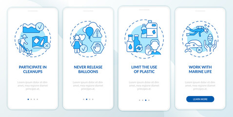 Ocean life protection blue onboarding mobile app screen. Balloons launch walkthrough 4 steps graphic instructions pages with linear concepts. UI, UX, GUI template. Myriad Pro-Bold, Regular fonts used