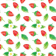 Hand-drawn watercolor wild red strawberries, leaves and flowers pattern. Cute kawaii background, good for wallpaper, textile, gift or farmers market goods wrapping.
