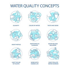 Water quality turquoise concept icons set. Protecting water idea thin line color illustrations. Work with marine life. Isolated symbols. Editable stroke. Roboto-Medium, Myriad Pro-Bold fonts used