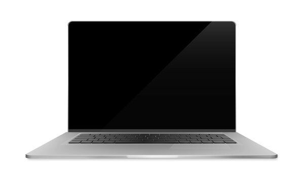 Laptop a rectangular screen for inserting images, isolated on white background, dark aluminium body. Whole in focus