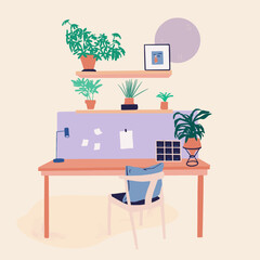 Espace de travail avec bureau, chaise et étagères avec plantes et décoration