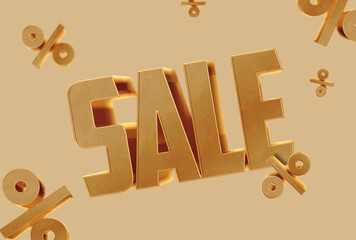 3D rendered golden sale typography banner illustration with percentage icons in gold background