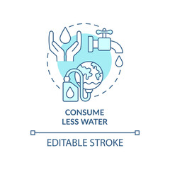 Consume less water turquoise concept icon. Natural resource protection abstract idea thin line illustration. Isolated outline drawing. Editable stroke. Arial, Myriad Pro-Bold fonts used