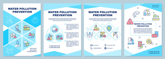 Fototapeta na wymiar Water pollution prevention blue brochure template. Quality control. Leaflet design with linear icons. 4 vector layouts for presentation, annual reports. Arial-Black, Myriad Pro-Regular fonts used