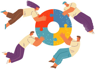 Group of people putting puzzle pieces assembling jigsaw puzzle. Teamwork and bussiness concept. Business people collaborate to put pieces together, cooperate find solution and build startup together