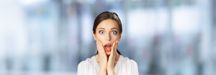 Wow! Excited surprised, astonished very happy woman. Brunette girl with wide opened eyes, open...