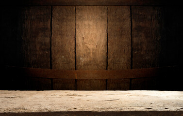 background of barrel and worn old table of wood