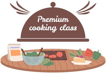 Premium cooking class design elements. Kitchen emblem, food studio label. Culinary school badge. Hand drawn lettering for cooking masterclass. Process of food preparation, ingredients for dish concept